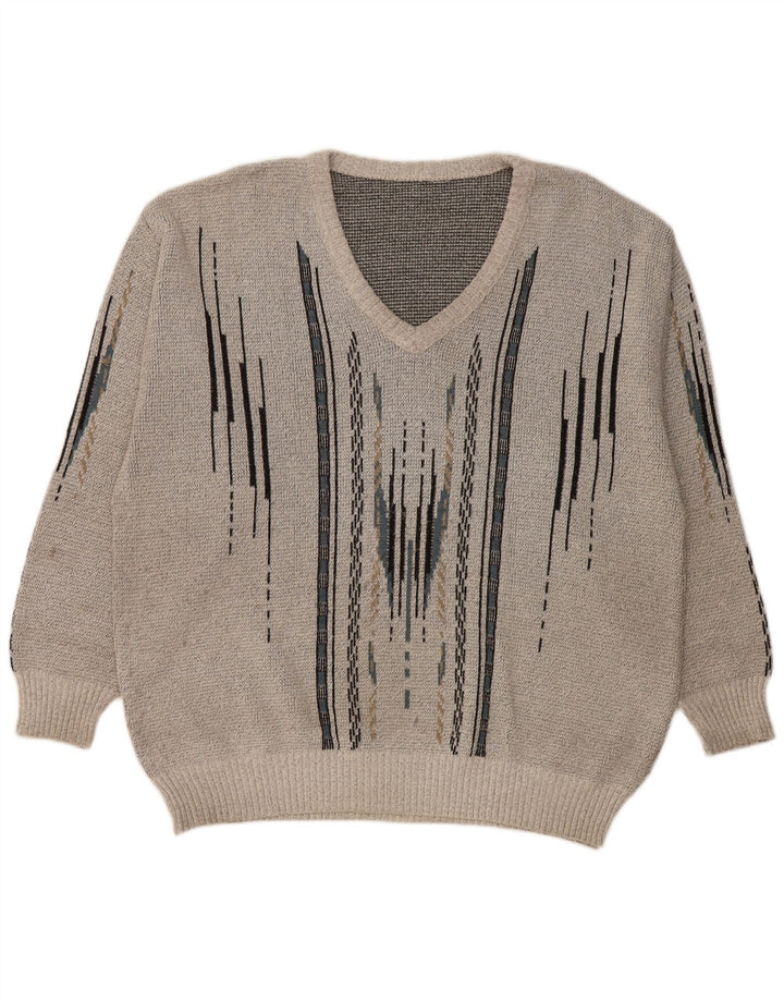 Suéter masculino VINTAGE com decote em V grande cinza geométrico