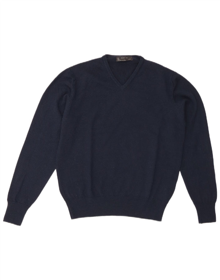 Zara Suéter masculino com gola V e lã azul marinho médio