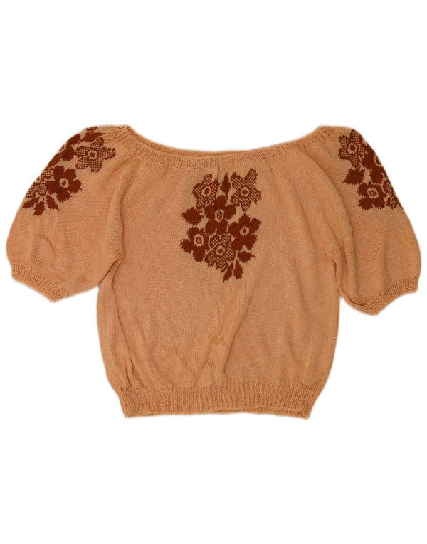 Top feminino vintage de malha com ombros de fora UK 14 médio rosa floral