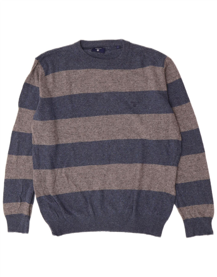 Suéter masculino Gant com gola redonda, lã de carneiro listrada azul grande