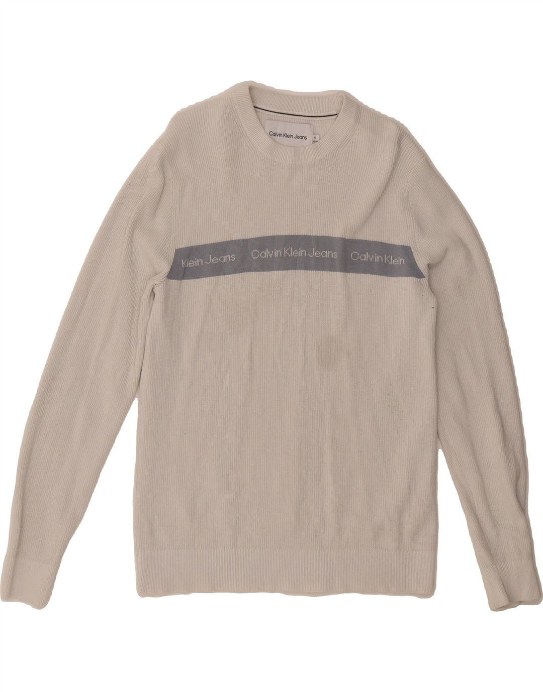 CALVIN KLEIN JEANS Mens Graphic Crew Neck Jumper Sweater XS Grey Cotton Vintage Calvin Klein Jeans and Second-Hand Calvin Klein Jeans from Messina Hembry 