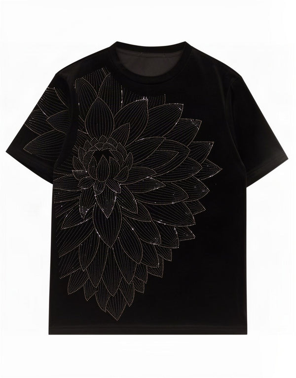 Vintage Womens Velvet T-Shirt Top UK 12 Medium Black Floral Cotton