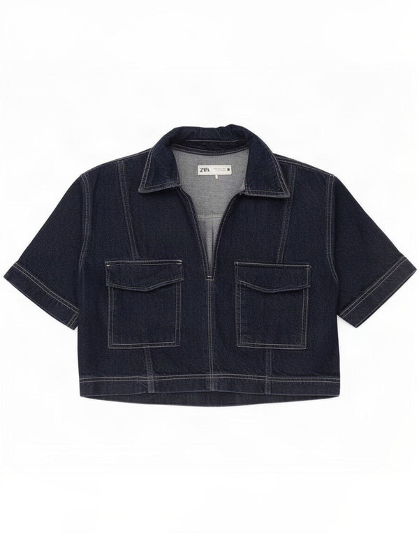 Camisa polo feminina Zara Crop Denim Reino Unido 16 grande algodão azul marinho