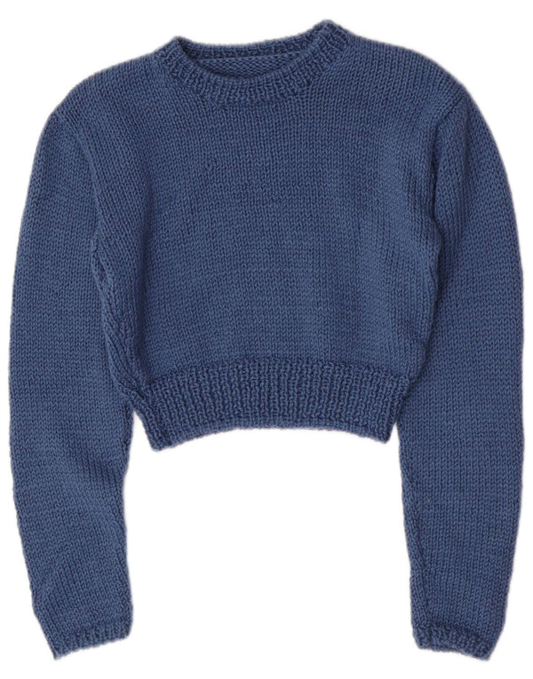 Suéter feminino vintage com gola canoa e decote em barco UK 8 pequeno azul