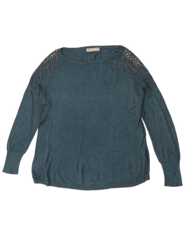 Suéter feminino Oasis com gola canoa grande Reino Unido 10 viscose azul pequena