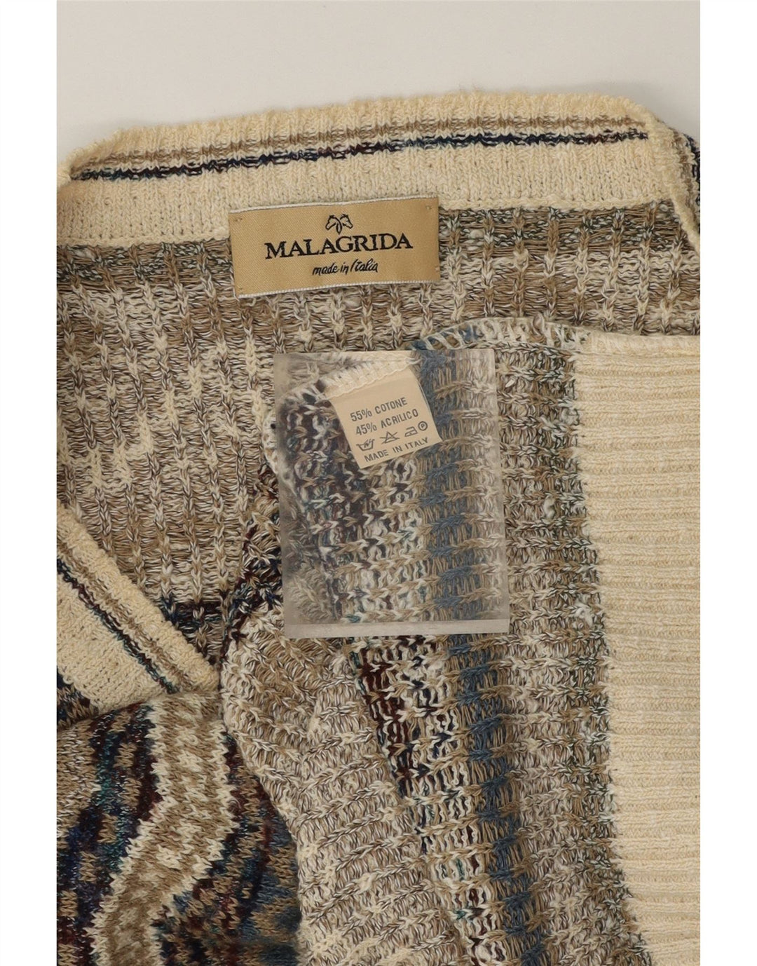 MALAGRIDA Mens V-Neck Jumper Sweater Large Off White Striped Cotton Vintage Malagrida and Second-Hand Malagrida from Messina Hembry 