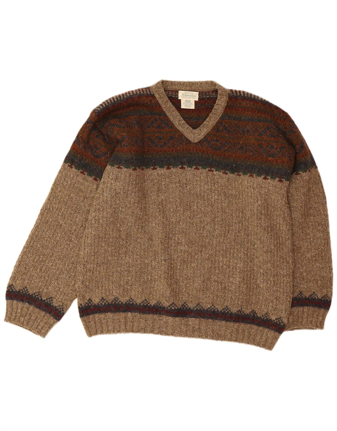 Suéter masculino St John's Bay com decote em V, médio bege, lã Fair Isle