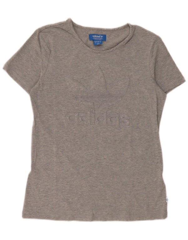 Camiseta feminina gráfica Adidas UK 14 algodão manchado cinza médio