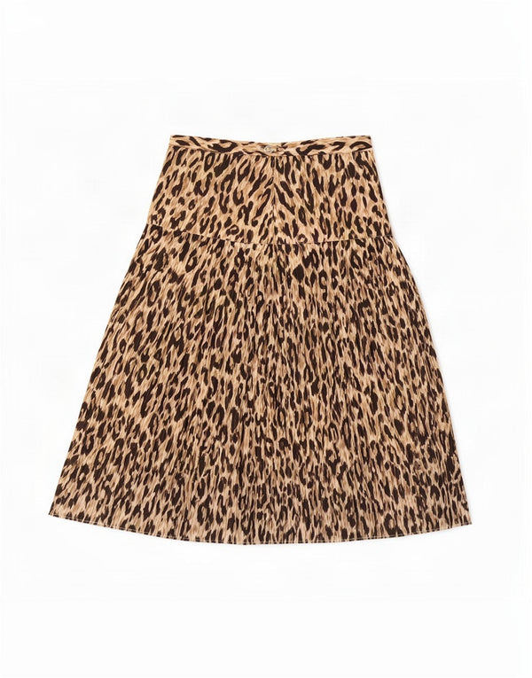 Saia larga feminina vintage pequena W27 marrom estampa animal