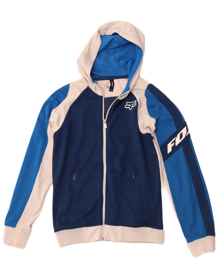 Suéter FOX masculino com capuz e zíper gráfico pequeno bloco colorido azul