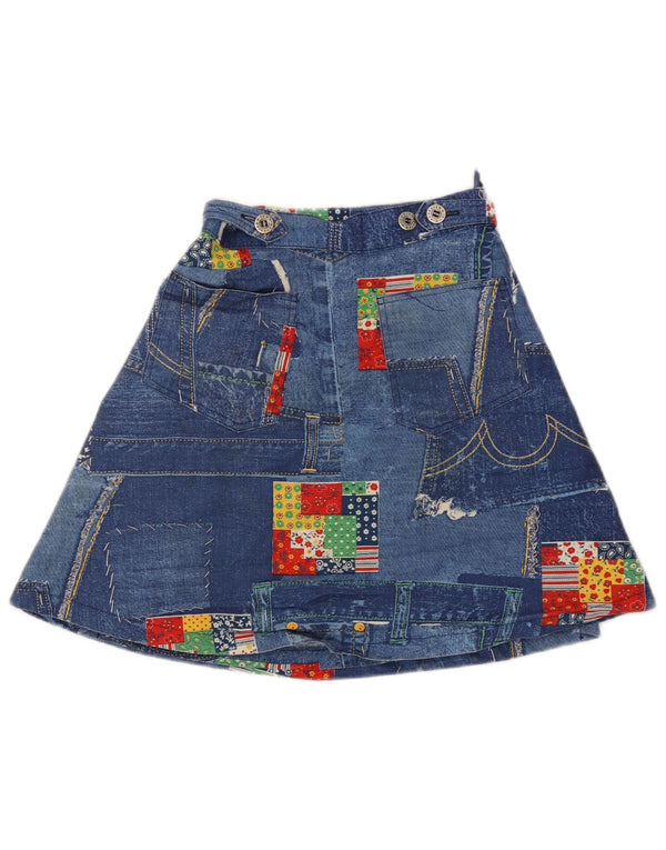 Saia jeans feminina vintage W24 XS patchwork azul