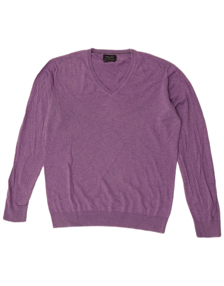 Suéter masculino Zara com decote em V grande algodão roxo
