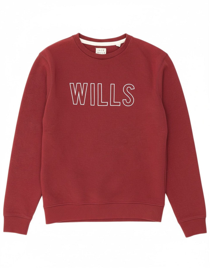 JACK WILLS Mens Graphic Sweatshirt Jumper Small Burgundy Cotton Vintage Jack Wills and Second-Hand Jack Wills from Messina Hembry 