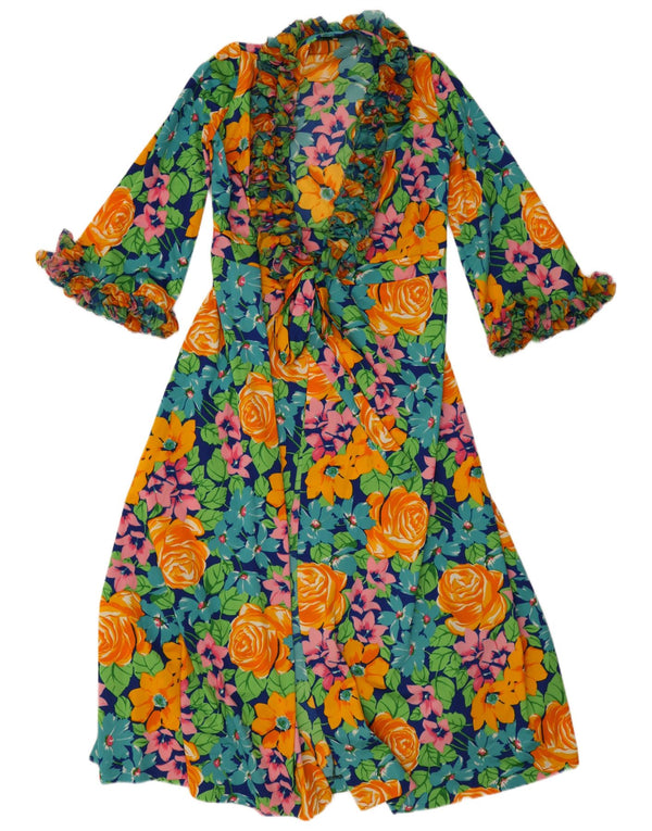 Vestido maxi feminino VINTAGE de manga comprida UK 14 médio floral multicolorido
