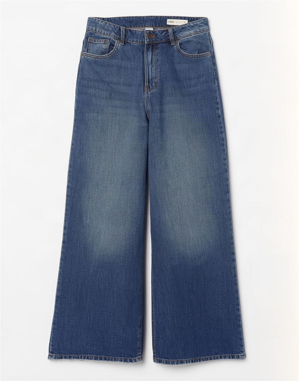 Zara Jeans feminino cintura alta com perna larga EU 40 médio W30 L31 algodão azul