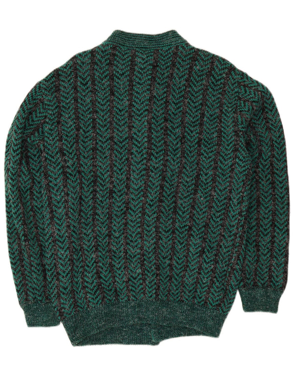 Suéter cardigã masculino vintage de ajuste regular médio verde chevron acrílico