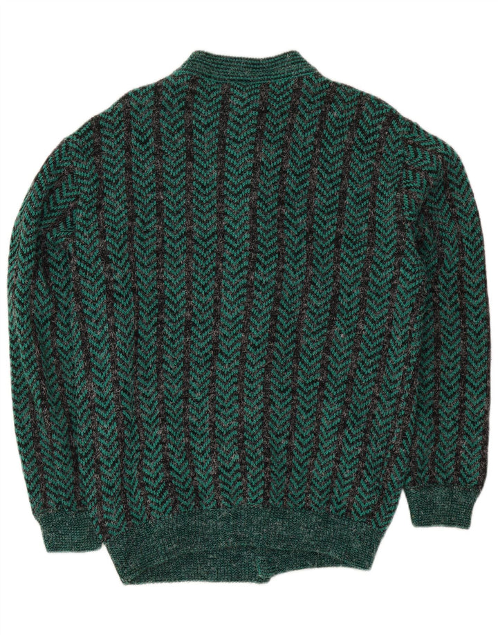 Suéter cardigã masculino vintage de ajuste regular médio verde chevron acrílico