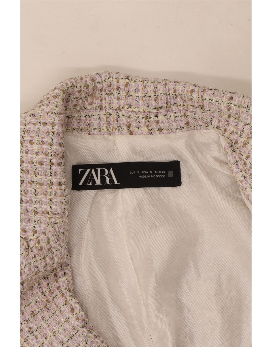 Jaqueta blazer feminina Zara com peito duplo UK 10 pequena bege manchada