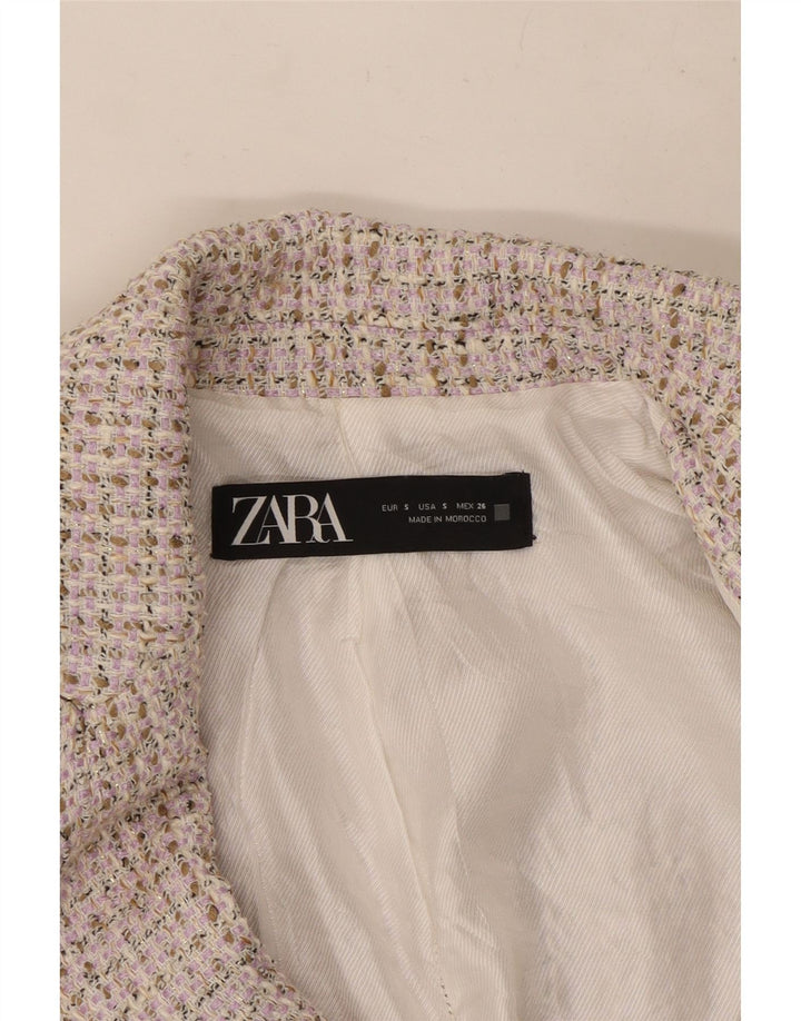 Jaqueta blazer feminina Zara com peito duplo UK 10 pequena bege manchada