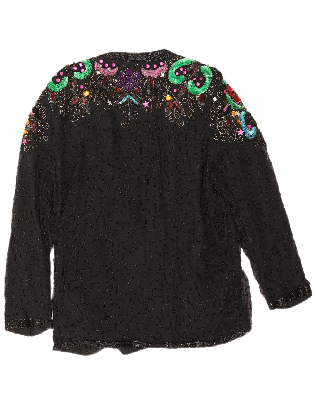 Blazer de noite feminino vintage Reino Unido 16 grande seda floral preta