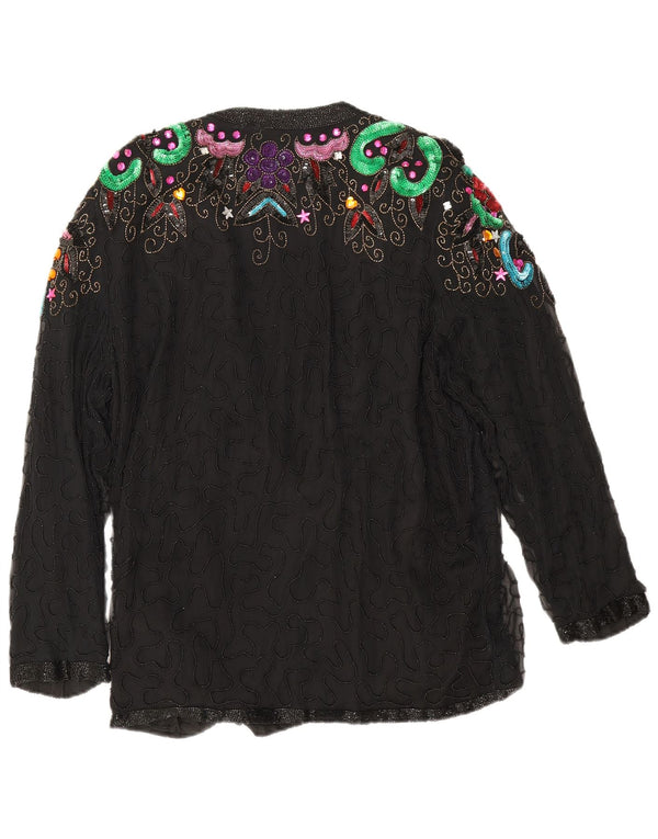 Blazer de noite feminino vintage Reino Unido 16 grande seda floral preta