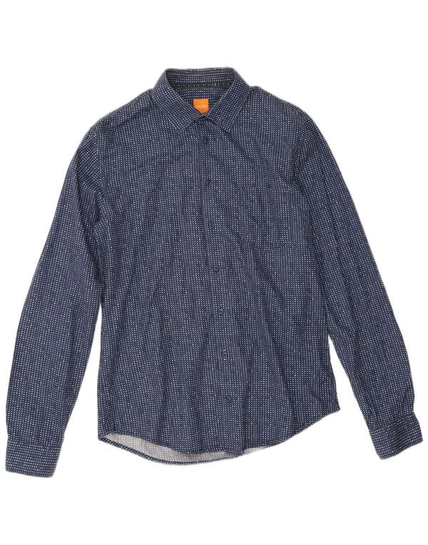 Camisa masculina Hugo Boss de algodão manchado azul marinho médio