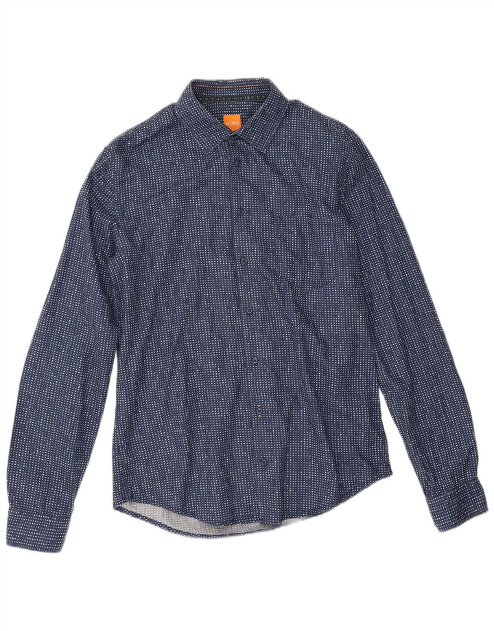 Camisa masculina Hugo Boss de algodão manchado azul marinho médio