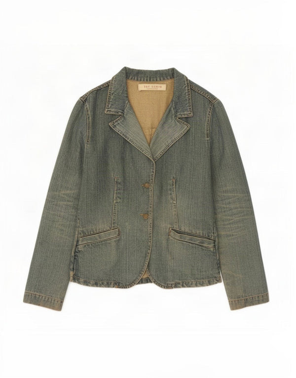Jaqueta blazer jeans feminina Zara Trafaluc com 2 botões Reino Unido 12 algodão azul médio