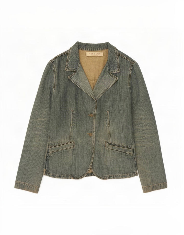 Jaqueta blazer jeans feminina Zara Trafaluc com 2 botões Reino Unido 12 algodão azul médio