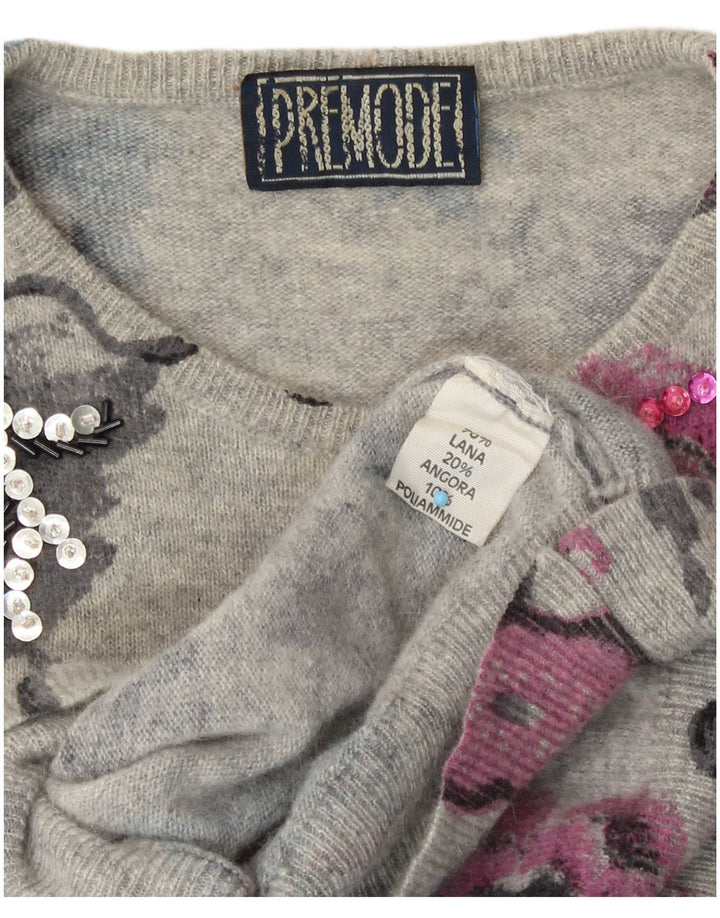 Suéter feminino Premode com gola redonda Reino Unido 14 grande lã floral cinza