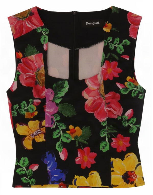 Blusa feminina sem mangas Desigual Top UK 12 médio preto floral