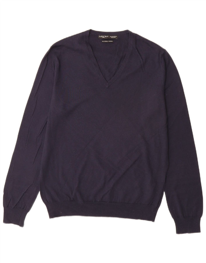 Suéter masculino Zara com decote em V grande algodão azul marinho