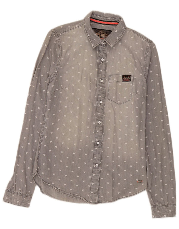 Camisa jeans feminina Superdry UK 6 XS cinza manchado algodão coração