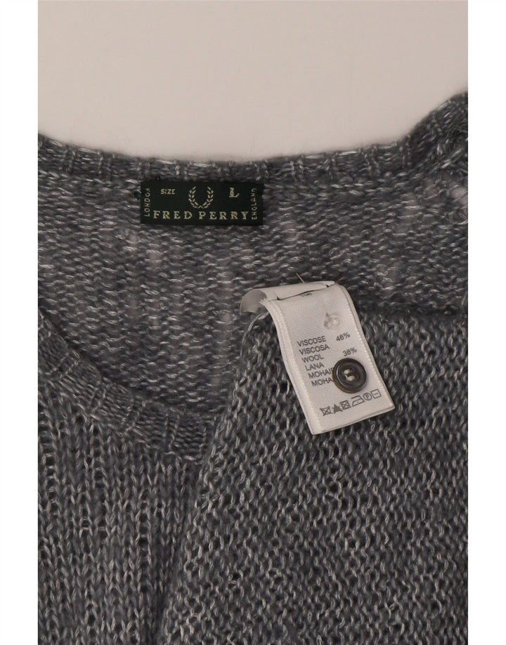 Suéter cardigã feminino Fred Perry Reino Unido 14 grande viscose manchada cinza