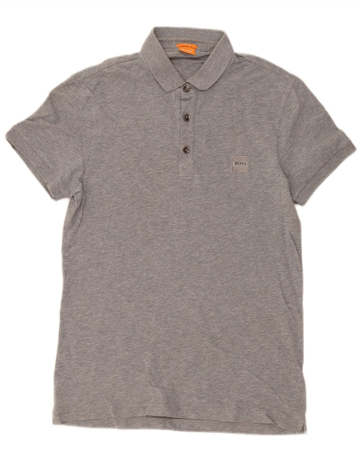 Camisa polo masculina Hugo Boss Slim Fit pequena de algodão cinza