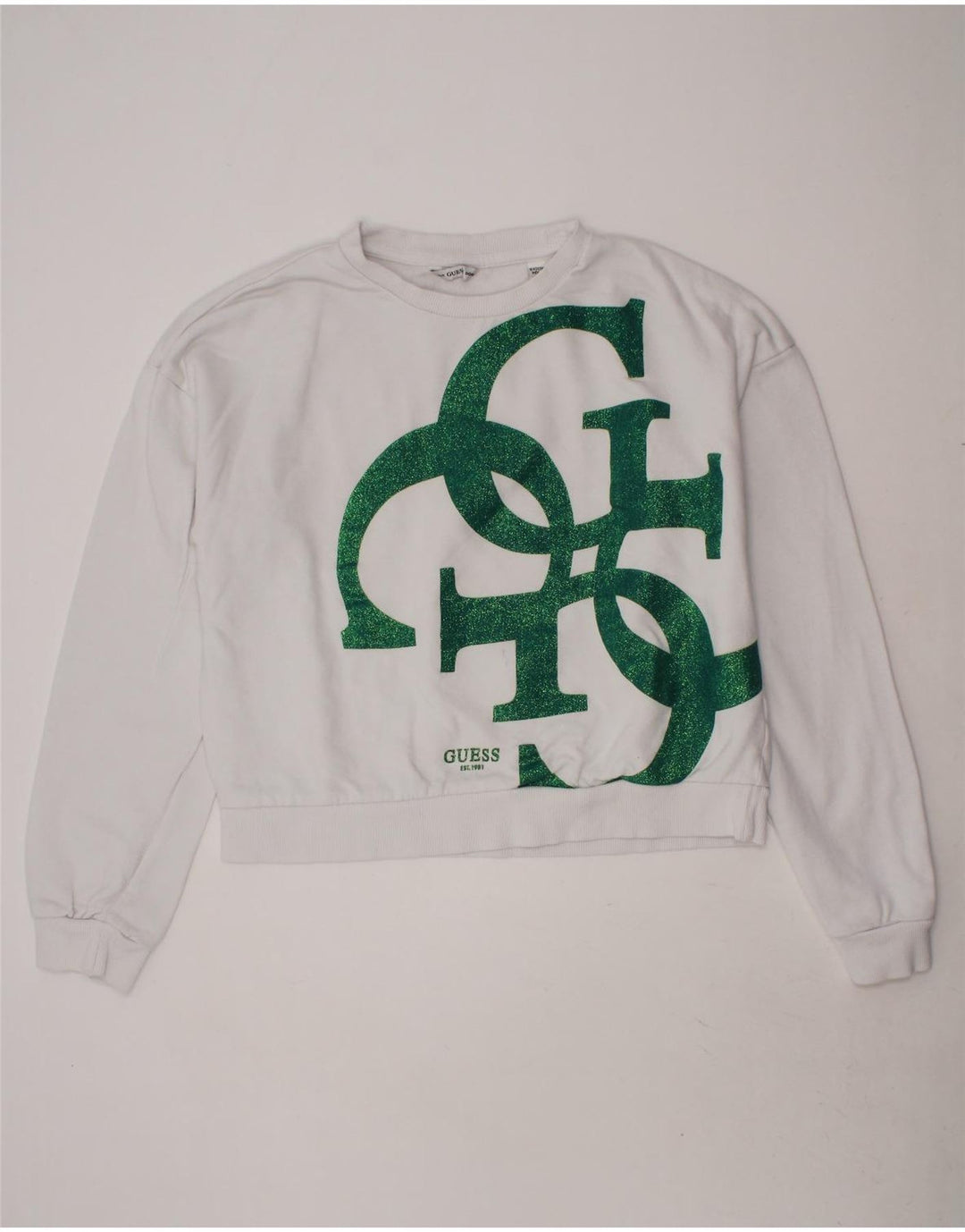 GUESS Girls Crop Graphic Sweatshirt Jumper 13-14 Years White Cotton Vintage Guess and Second-Hand Guess from Messina Hembry 