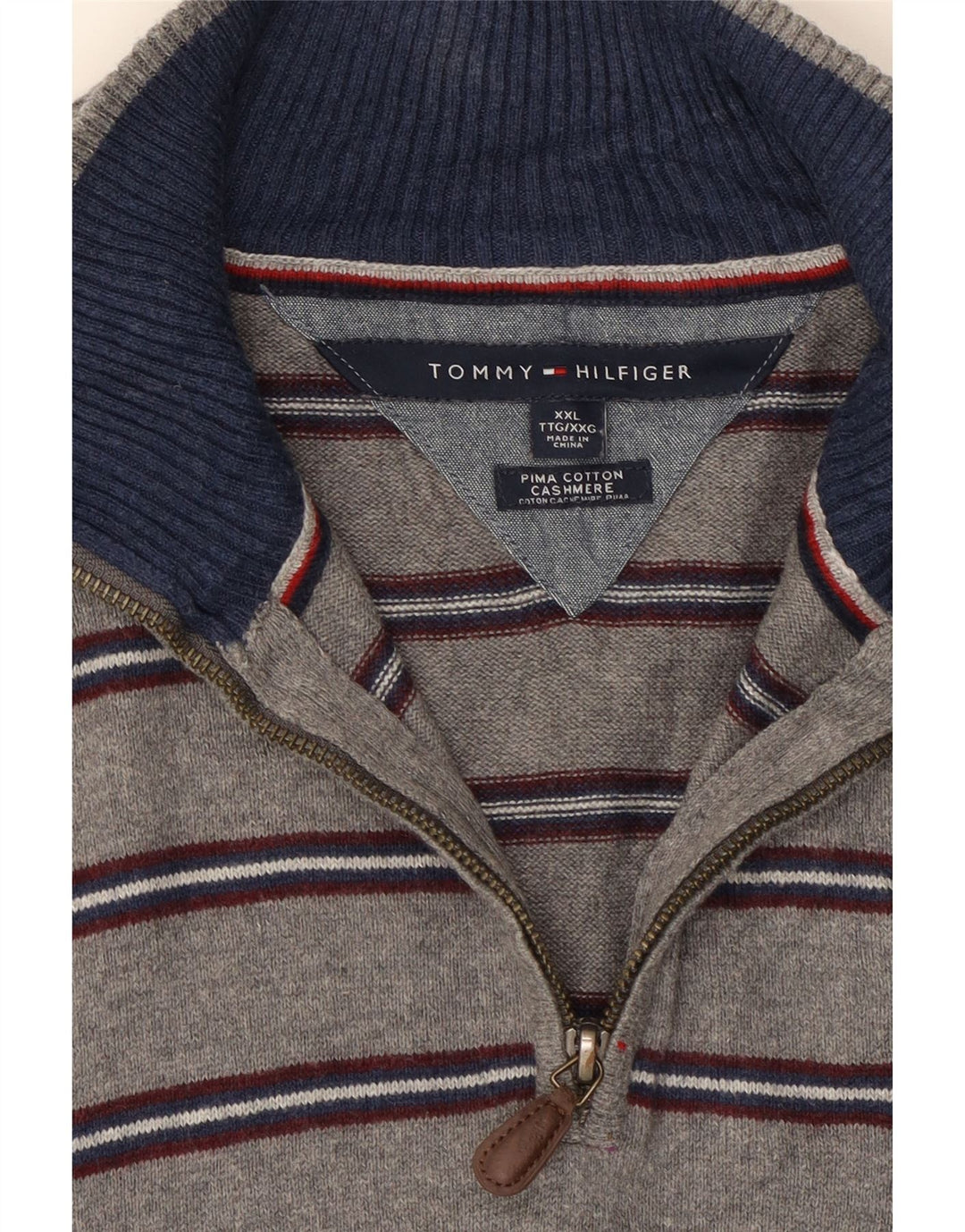 TOMMY HILFIGER Mens Zip Neck Jumper Sweater 2XL Grey Striped Cotton Vintage Tommy Hilfiger and Second-Hand Tommy Hilfiger from Messina Hembry 