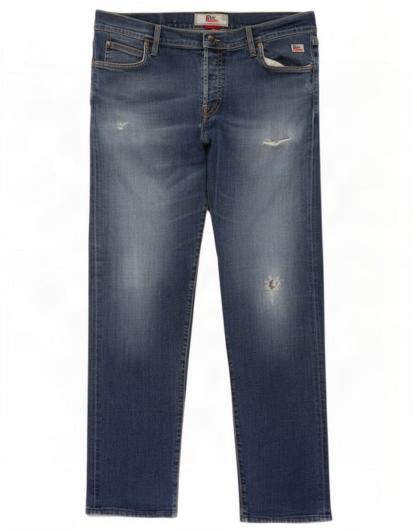Calça jeans reta masculina Roy Rogers desgastada W38 L30 algodão azul