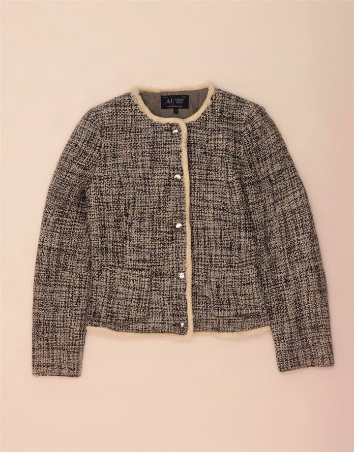 Jaqueta blazer feminina Armani Jeans com 5 botões US 10 grande acrílico manchado azul