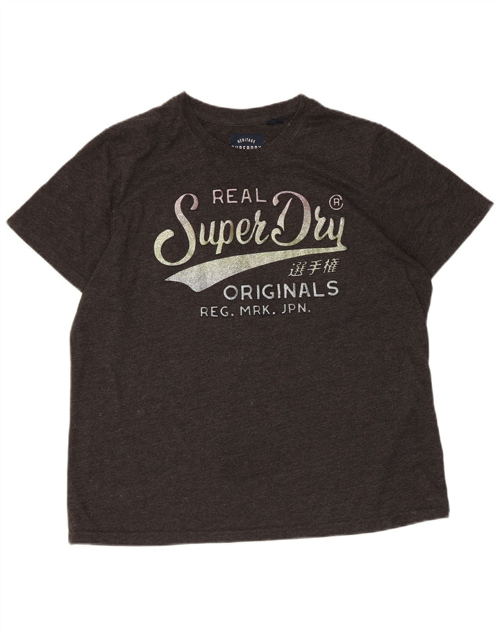 Camiseta feminina SUPERDRY com estampa gráfica UK 16 grande algodão manchado cinza