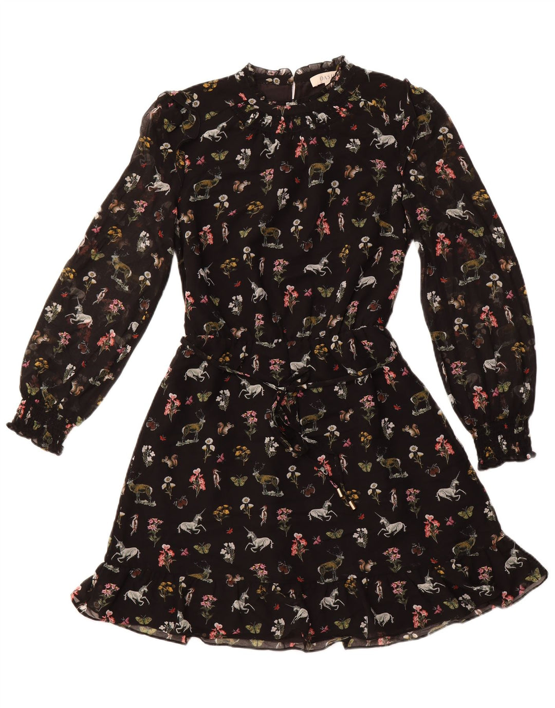 Vestido feminino OASIS de manga comprida evasê UK 12 poliéster floral preto médio