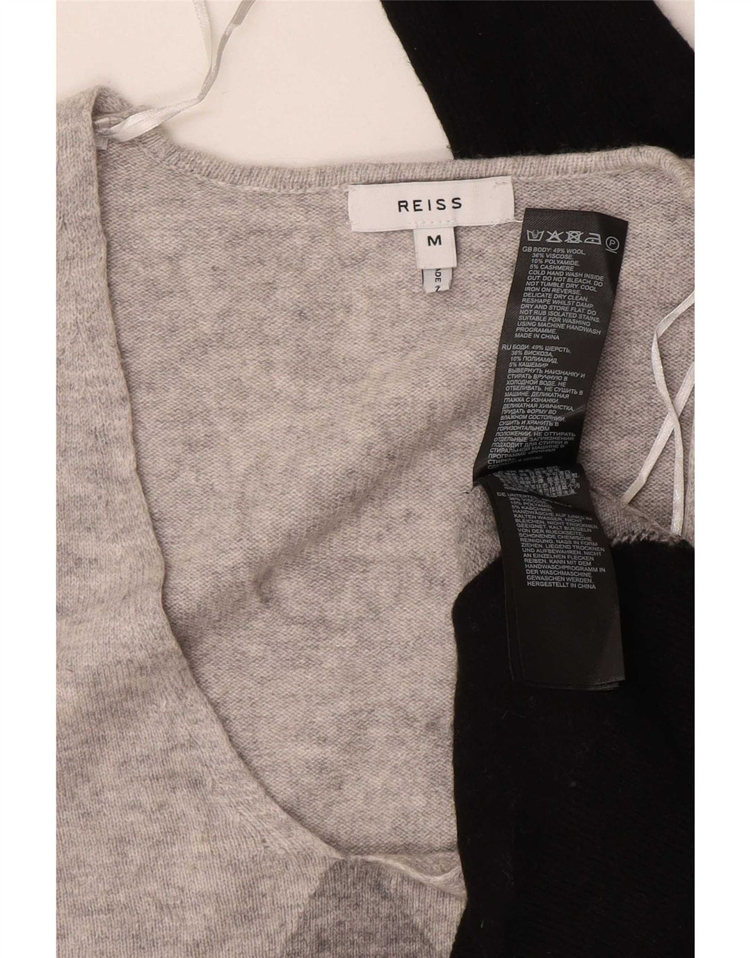 Suéter feminino Reiss com decote em V Reino Unido 14 lã colorblock cinza médio