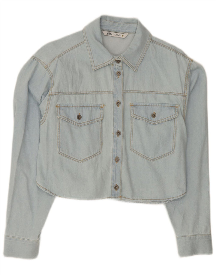 Camisa jeans feminina Zara UK 14 algodão azul médio