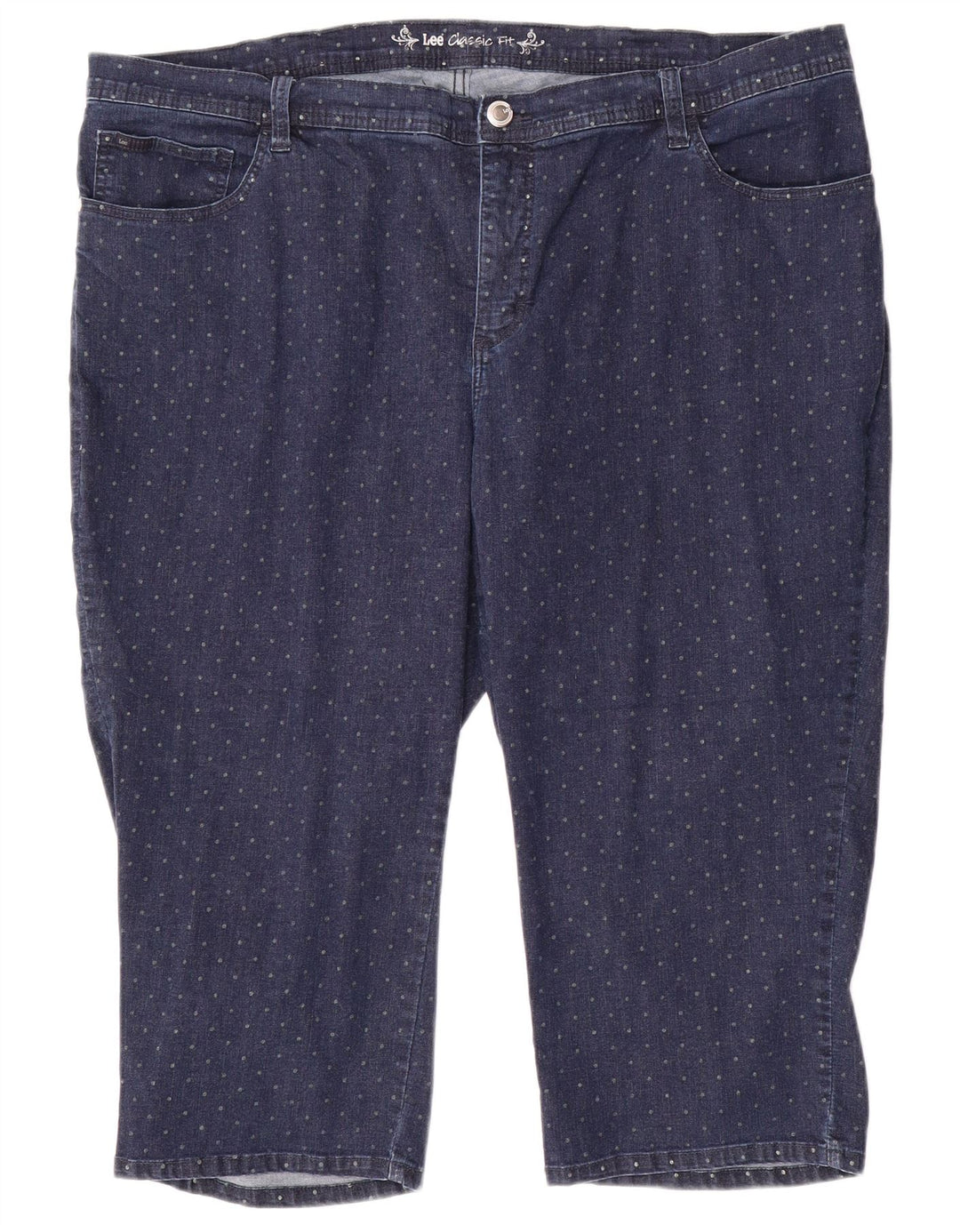 Calça jeans feminina LEE Classic Fit Capri US 24 4XL W48 L20 algodão manchado azul