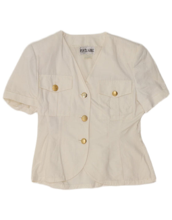 Blusa feminina vintage de manga curta UK 10 pequena Cupro branca