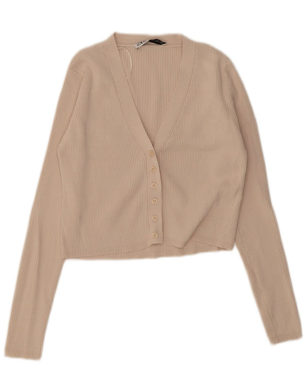 Zara Womens Crop Cardigan Top UK 12 Médio Bege Viscose