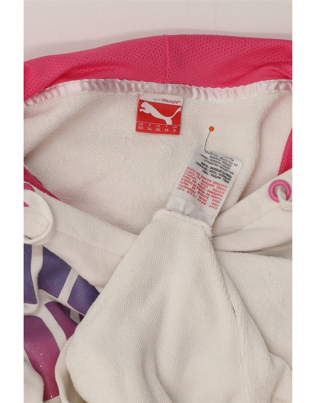 PUMA feminino gráfico moletom com capuz UK 8 pequeno algodão branco