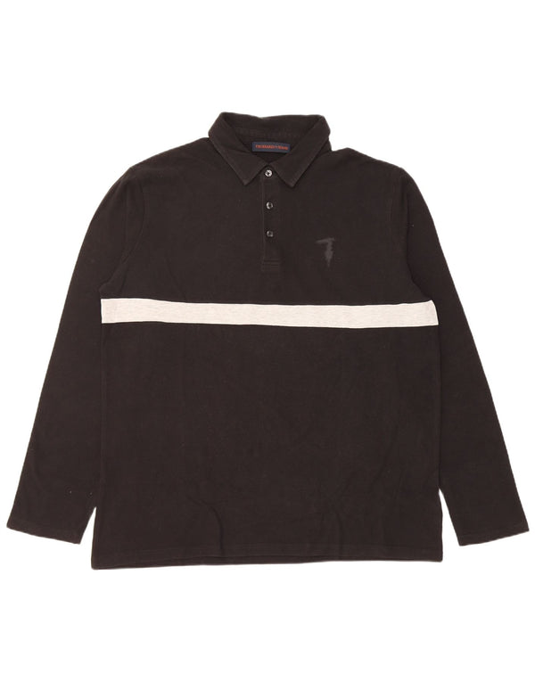 Trussardi Jeans Camisa polo masculina de manga comprida XL preta colorblock algodão