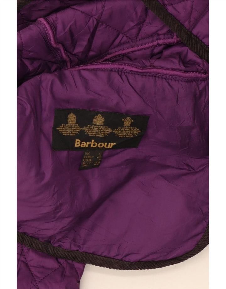 Jaqueta acolchoada feminina Barbour UK 12 poliéster colorblock roxo médio