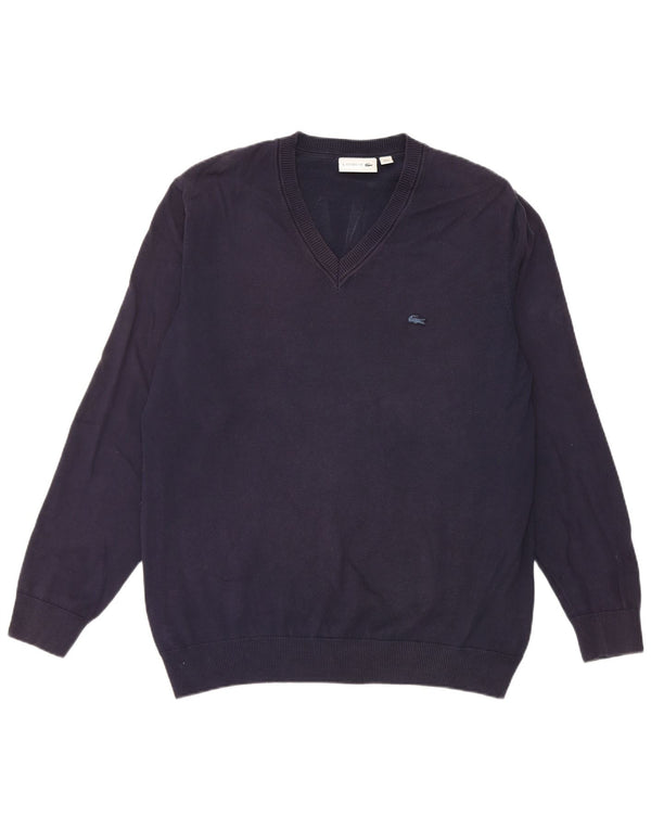 Lacoste Mens V-Neck Jumper Sweater Size 6 XL Navy Blue Cotton